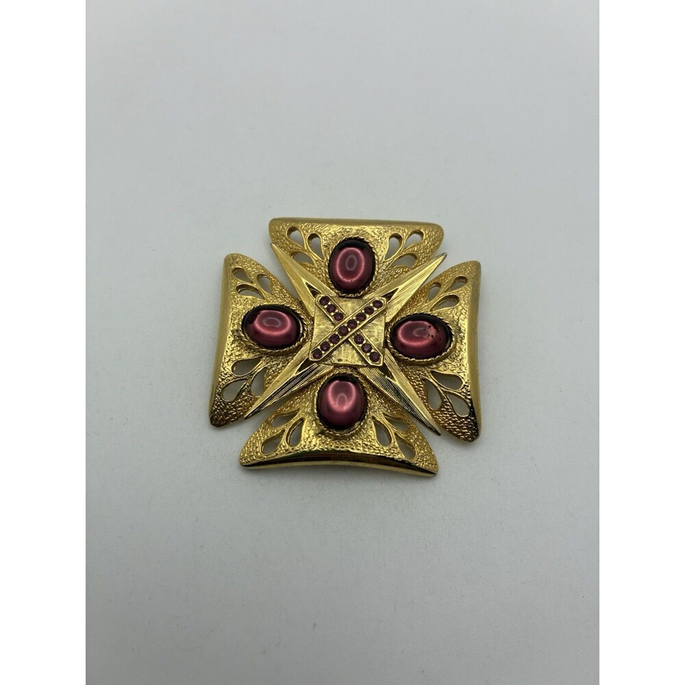 Gripoix Purple Glass Maltese Cross Gold Tone Pin Brooch VTG